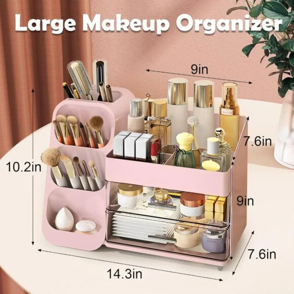 New Large Makeup Organizer, Vanity Storage with Brush Holder & Drawers for Women